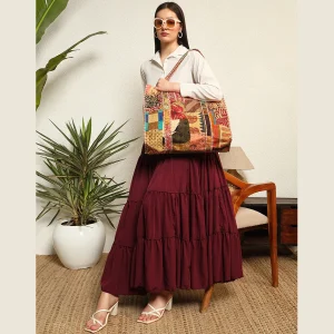 Women's Brown Patchwork Quilted Silk Fabric Bags - Image 5