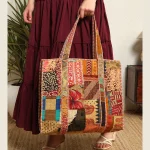 Women's Brown Patchwork Quilted Silk Fabric Bags - Image 6