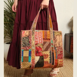 Women's Brown Patchwork Quilted Silk Fabric Bags - Image 6