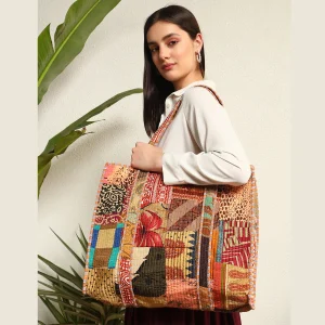 Women's Brown Patchwork Quilted Silk Fabric Bags - Image 3