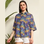 Women's Fashion oversized Summer Cotton Shirt Purple Leopard Print - Image 2