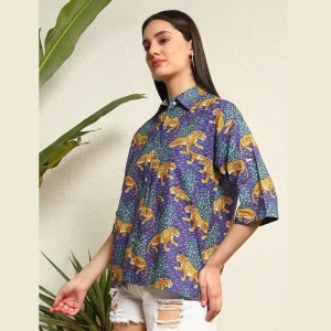 Women's Fashion oversized Summer Cotton Shirt Purple Leopard Print - Image 3