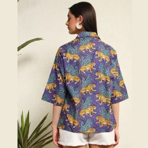 Women's Fashion oversized Summer Cotton Shirt Purple Leopard Print - Image 8