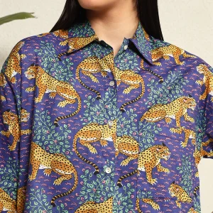 Women's Fashion oversized Summer Cotton Shirt Purple Leopard Print - Image 9