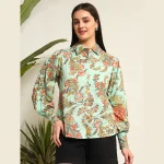 Women's Green Floral Print Cotton Shirt Puff Long Sleeve - Image 2
