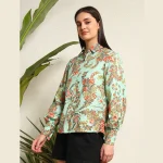 Women's Green Floral Print Cotton Shirt Puff Long Sleeve - Image 3