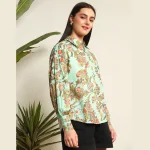 Women's Green Floral Print Cotton Shirt Puff Long Sleeve - Image 4