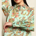 Women's Green Floral Print Cotton Shirt Puff Long Sleeve - Image 8