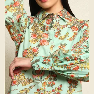 Women's Green Floral Print Cotton Shirt Puff Long Sleeve - Image 8