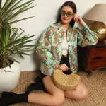 Women's Green Floral Print Cotton Shirt Puff Long Sleeve - Image 5