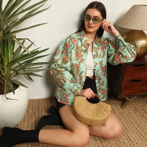 Women's Green Floral Print Cotton Shirt Puff Long Sleeve - Image 5