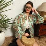 Women's Green Floral Print Cotton Shirt Puff Long Sleeve
