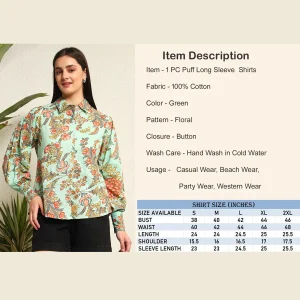 Women's Green Floral Print Cotton Shirt Puff Long Sleeve - Image 9
