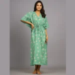 Women's Green Palm Tree Print Cotton Kaftan Dress