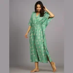 Women's Green Palm Tree Print Cotton Kaftan Dress - Image 2