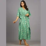 Women's Green Palm Tree Print Cotton Kaftan Dress - Image 3