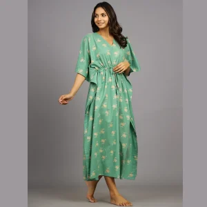 Women's Green Palm Tree Print Cotton Kaftan Dress - Image 3