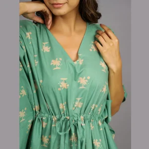Women's Green Palm Tree Print Cotton Kaftan Dress - Image 4