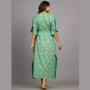 Women's Green Palm Tree Print Cotton Kaftan Dress - Image 6