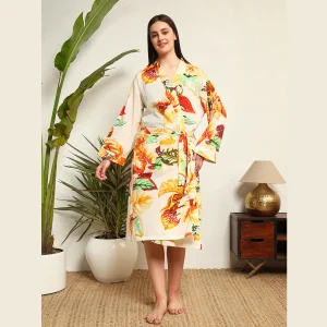 Women's Long Sleeve Cotton Bathrobe Dress White Leaf Print - Image 3