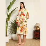 Women's Long Sleeve Cotton Bathrobe Dress White Leaf Print - Image 4