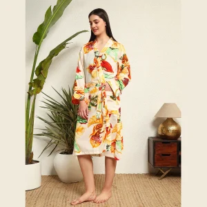 Women's Long Sleeve Cotton Bathrobe Dress White Leaf Print - Image 4
