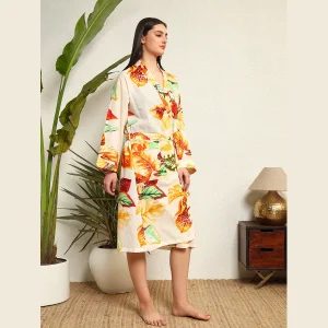 Women's Long Sleeve Cotton Bathrobe Dress White Leaf Print - Image 5