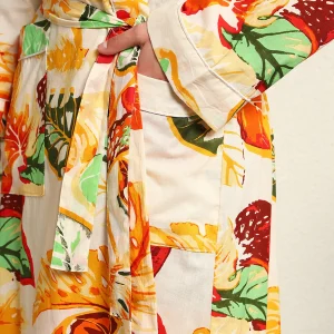Women's Long Sleeve Cotton Bathrobe Dress White Leaf Print - Image 6