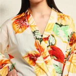 Women's Long Sleeve Cotton Bathrobe Dress White Leaf Print - Image 7