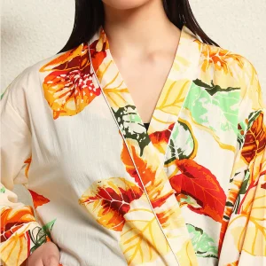 Women's Long Sleeve Cotton Bathrobe Dress White Leaf Print - Image 7