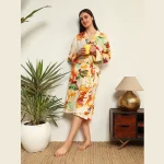 Women's Long Sleeve Cotton Bathrobe Dress White Leaf Print