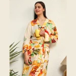 Women's Long Sleeve Cotton Bathrobe Dress White Leaf Print - Image 2