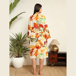 Women's Long Sleeve Cotton Bathrobe Dress White Leaf Print - Image 8