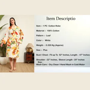 Women's Long Sleeve Cotton Bathrobe Dress White Leaf Print - Image 9