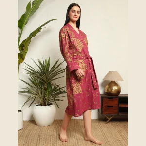 Women's Maroon & Gold Mandala Print Bathrobe - Image 4