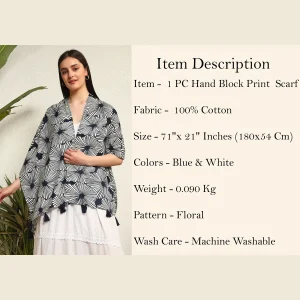 Women's Pure Cotton Neck Wrap Blue Floral Stole - Image 9