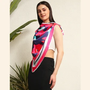 Women's Summer Satin Silk Scarf Blue & Pink Floral Print - Image 3