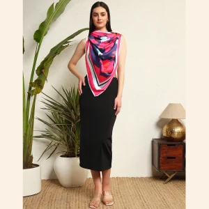 Women's Summer Satin Silk Scarf Blue & Pink Floral Print - Image 5