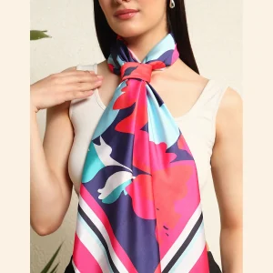 Women's Summer Satin Silk Scarf Blue & Pink Floral Print - Image 8