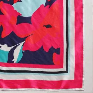 Women's Summer Satin Silk Scarf Blue & Pink Floral Print - Image 9