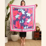 Women's Summer Satin Silk Scarf Blue & Pink Floral Print - Image 7