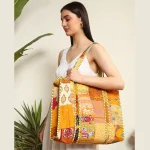 Women's Yellow Patchwork Silk Tote Bags - Image 2