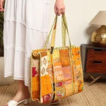 Women's Yellow Patchwork Silk Tote Bags - Image 4