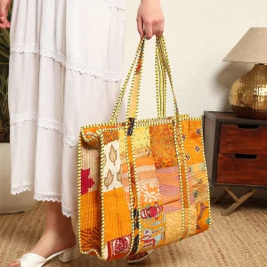 Women's Yellow Patchwork Silk Tote Bags - Image 4