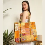 Women's Yellow Patchwork Silk Tote Bags - Image 3