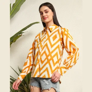 Yellow & White Diamond Print Women's Button Shirt - Image 3