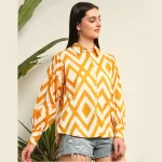 Yellow & White Diamond Print Women's Button Shirt - Image 4