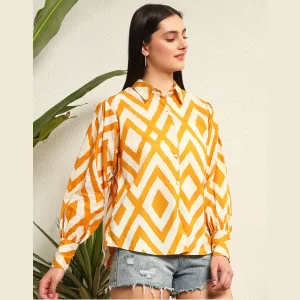 Yellow & White Diamond Print Women's Button Shirt - Image 4