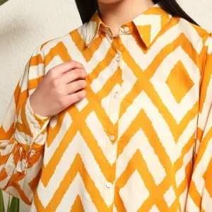 Yellow & White Diamond Print Women's Button Shirt - Image 8
