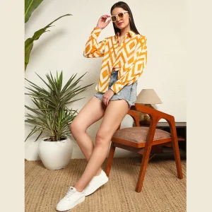 Yellow & White Diamond Print Women's Button Shirt - Image 5